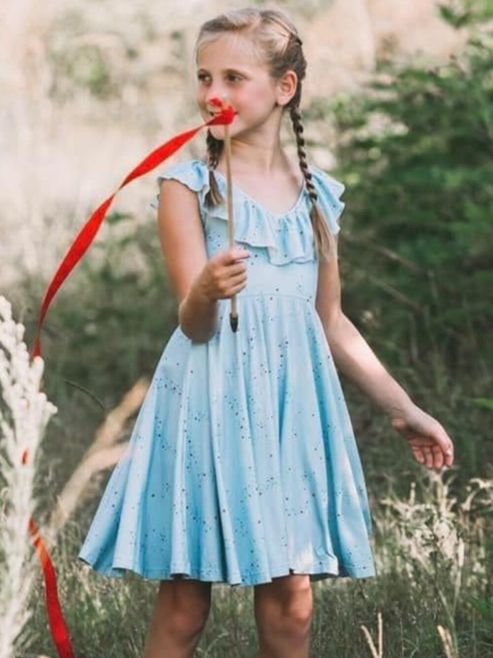 Girls Omi Jo Confetti Stars Ruffled Empire Red Blue July 4th Knit Dress sz 9/10